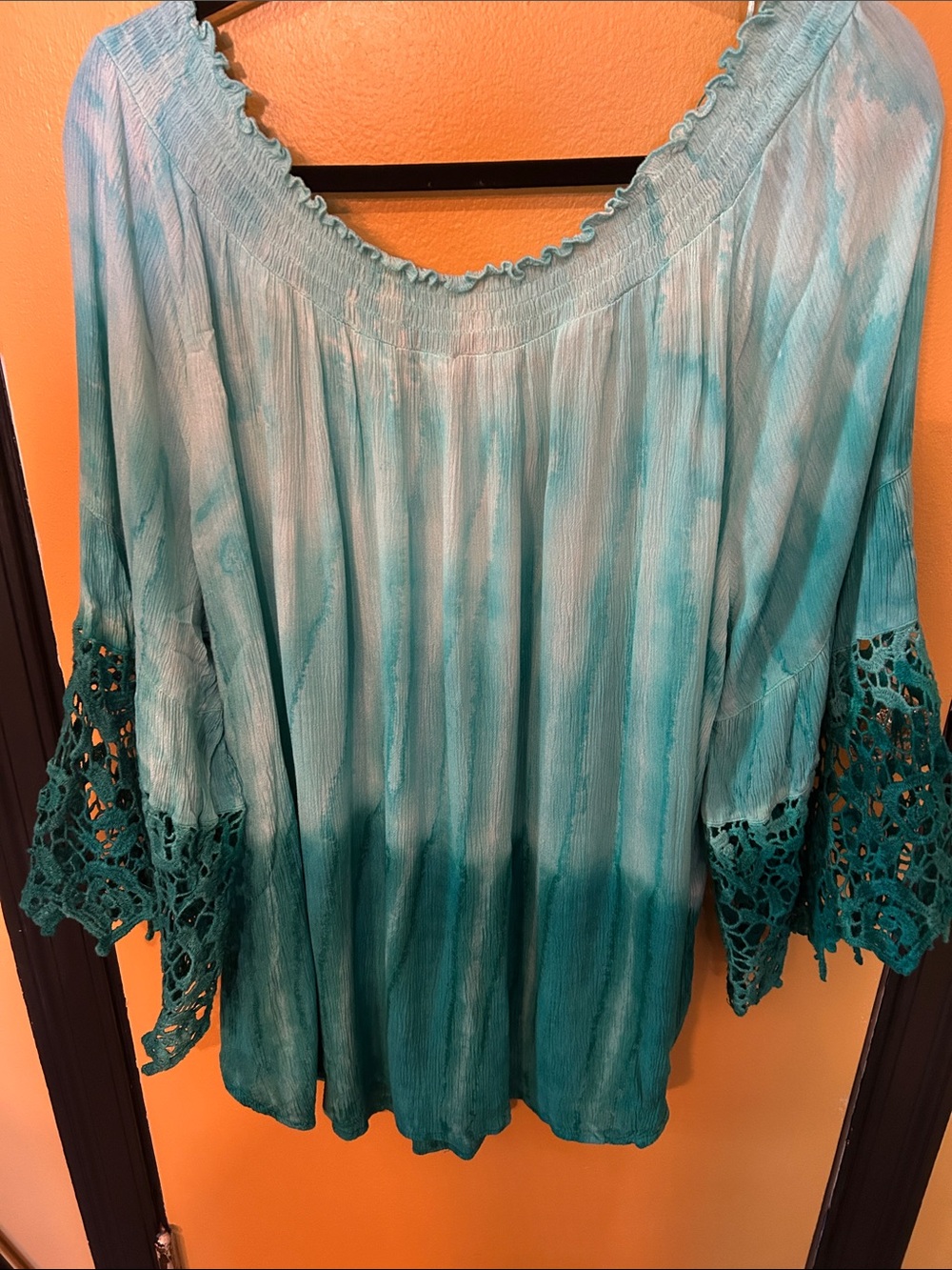 Avenue Teal Ombre Tie-Dye Peasant Tunic with Crochet Bell Sleeves - Picture 5 of 5